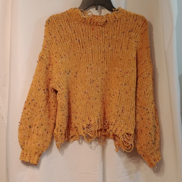 POL Sweaters - 124 Pol Confetti knitted mustard distress sweater with bubble sleeves size S✔️